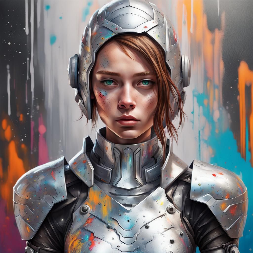 Full portrait of a sixteen-year-old girl in silver sci-fi armor with a fantasy style. Her face has freckles, and she has...