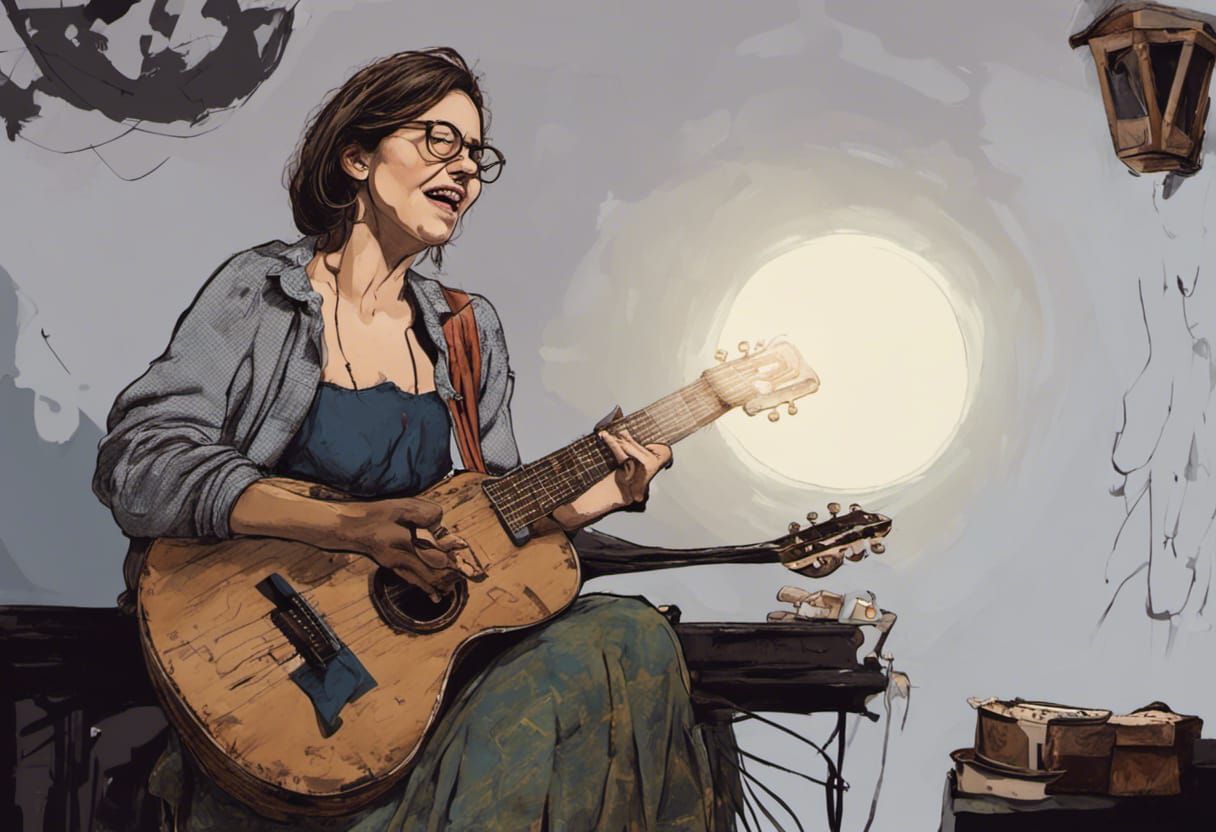 Sleepy Woman Playing Guitar Detailed Color Drawing