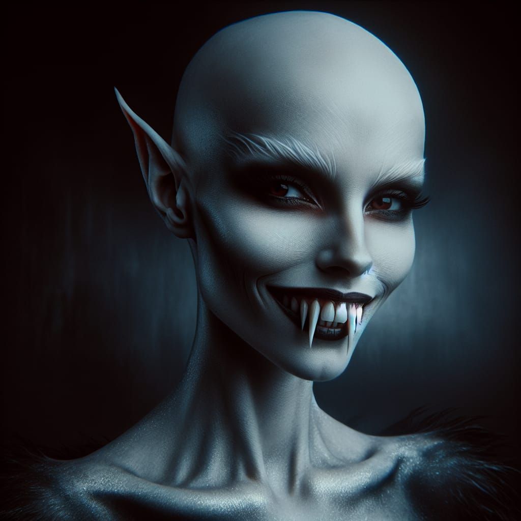 Gothic dark fantasy portrait. Close-up. A pale bald headed w...