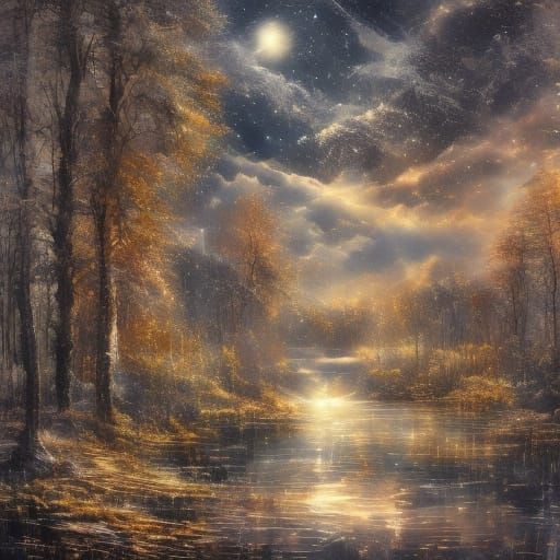 Moonlit Forest Landscape in Dutch Oil Painting Style
