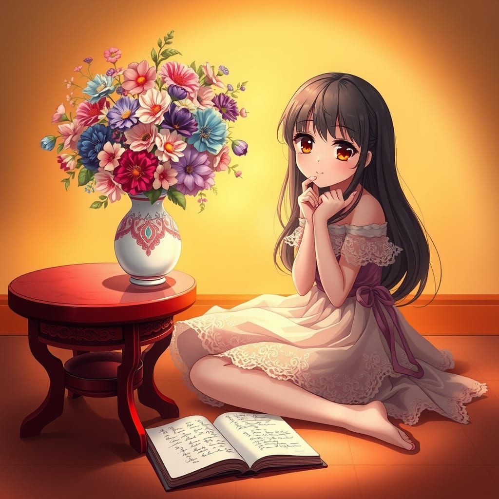 Anime-Inspired Young Woman in Whimsical Floral Scene