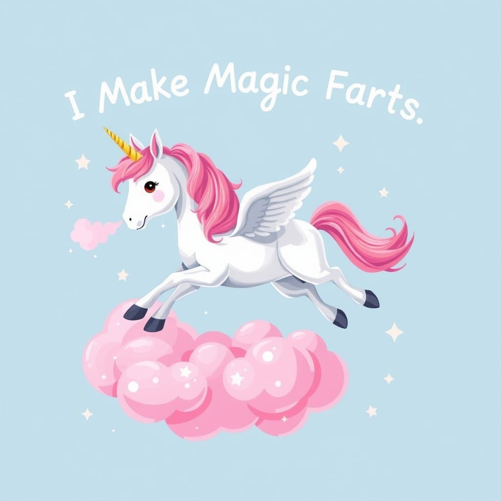 a realistic image of a unicorn flying on a pink cloud. The unicorn has a white body with a pink mane and tail, and a gol...