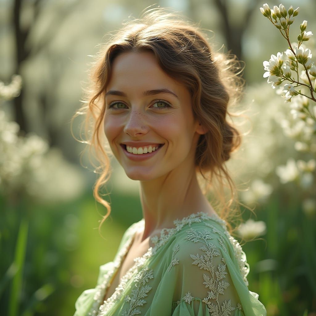 Serene Woman in Silk Dress Walking in Flower Alley