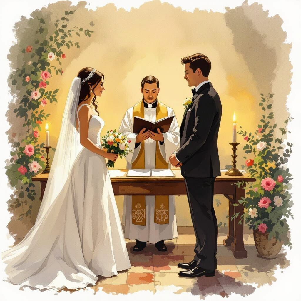 Romantic Wedding Scene Inspired by Chagall, Potter, Rockwell