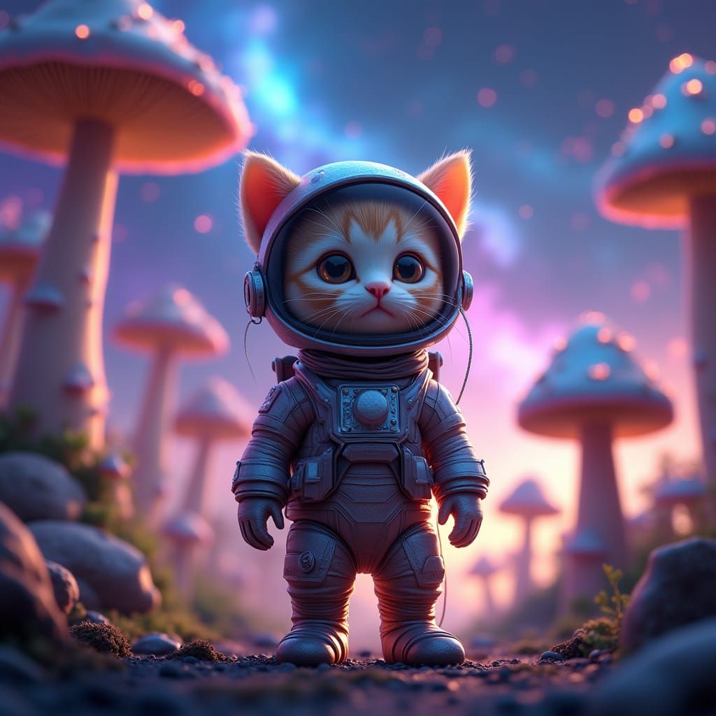 Whimsical Kitten in Spacesuit Explores Vibrant Mushroom Fore...