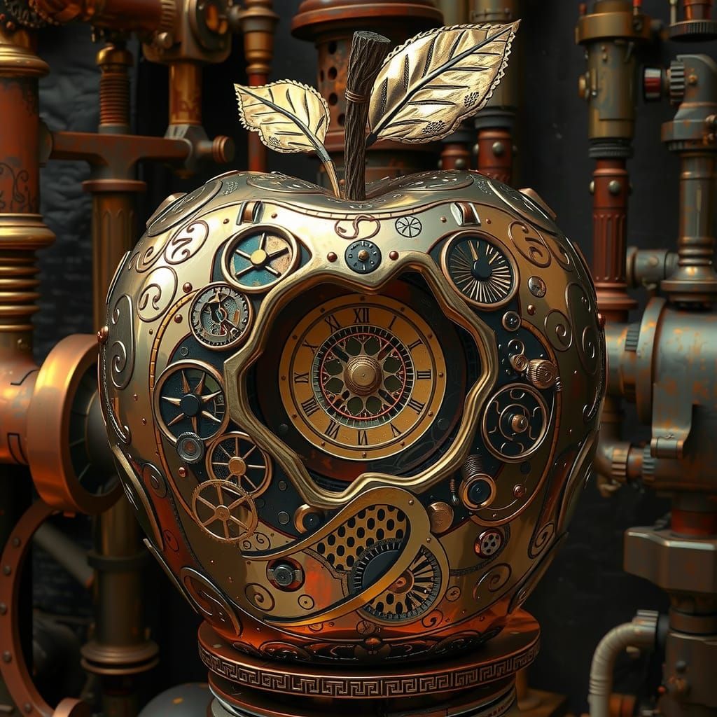 An apple with a cute warm poking out of the top, smiling, made of antique gold with intricate patterns. Steampunk backgr...