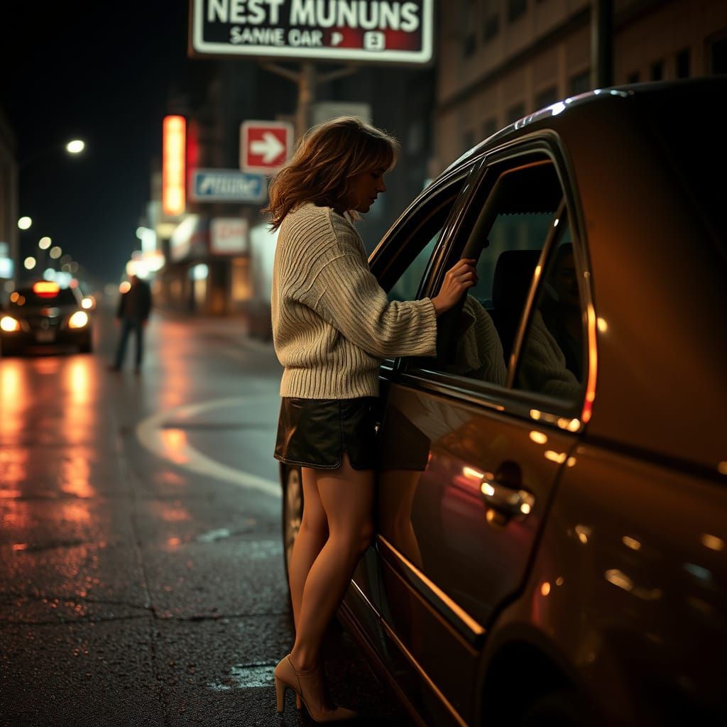 Moody Nighttime Urban Encounter in Neon Light