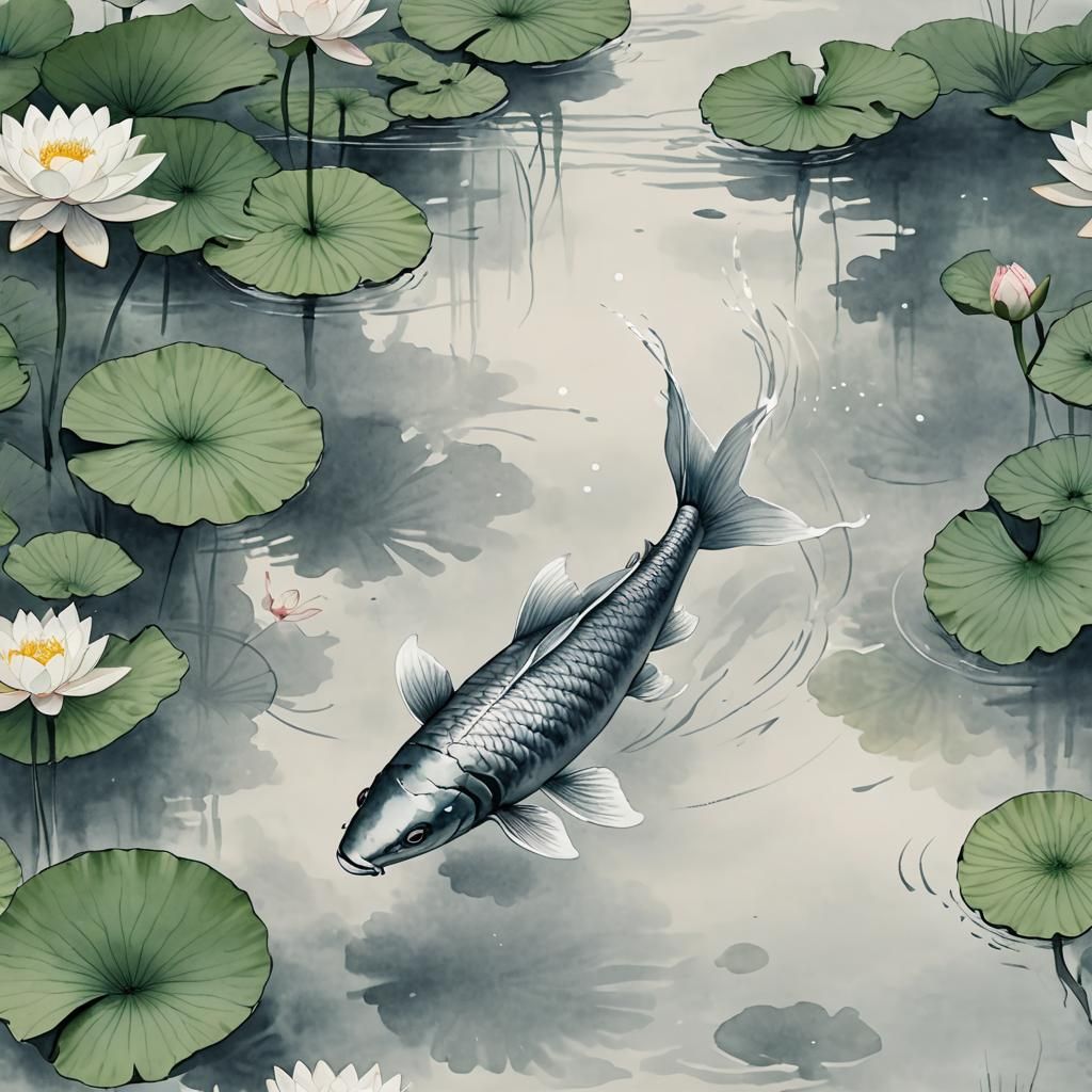 Single Fish in Pond: Traditional Ink Painting