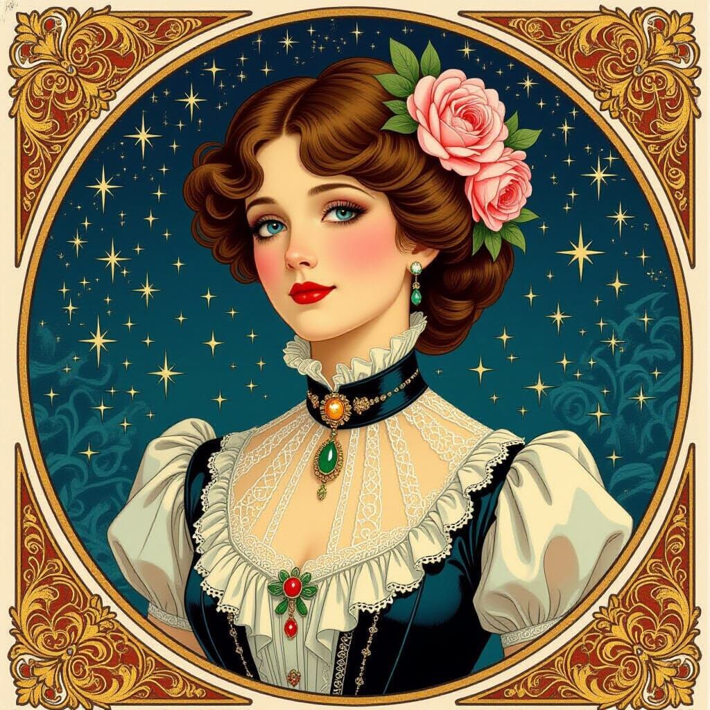 Victorian Woman with Floral Headdress in Magical Realism Sty...