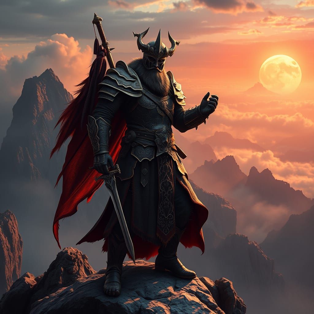 Epic Fantasy Mercenary in Ornate Armor on a Misty Mountain