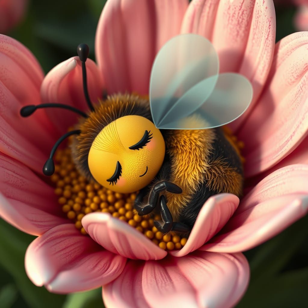 Cartoon Bumble Bee Napping in Flower, 3D Render