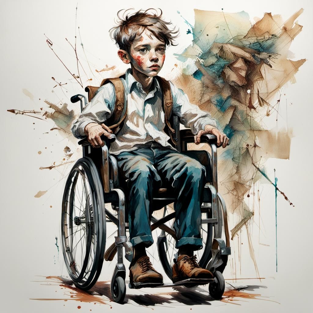 A boy rising out of a wheelchair and walking forward on his own, in the style of Carne Griffiths and Norman Rockwell and...