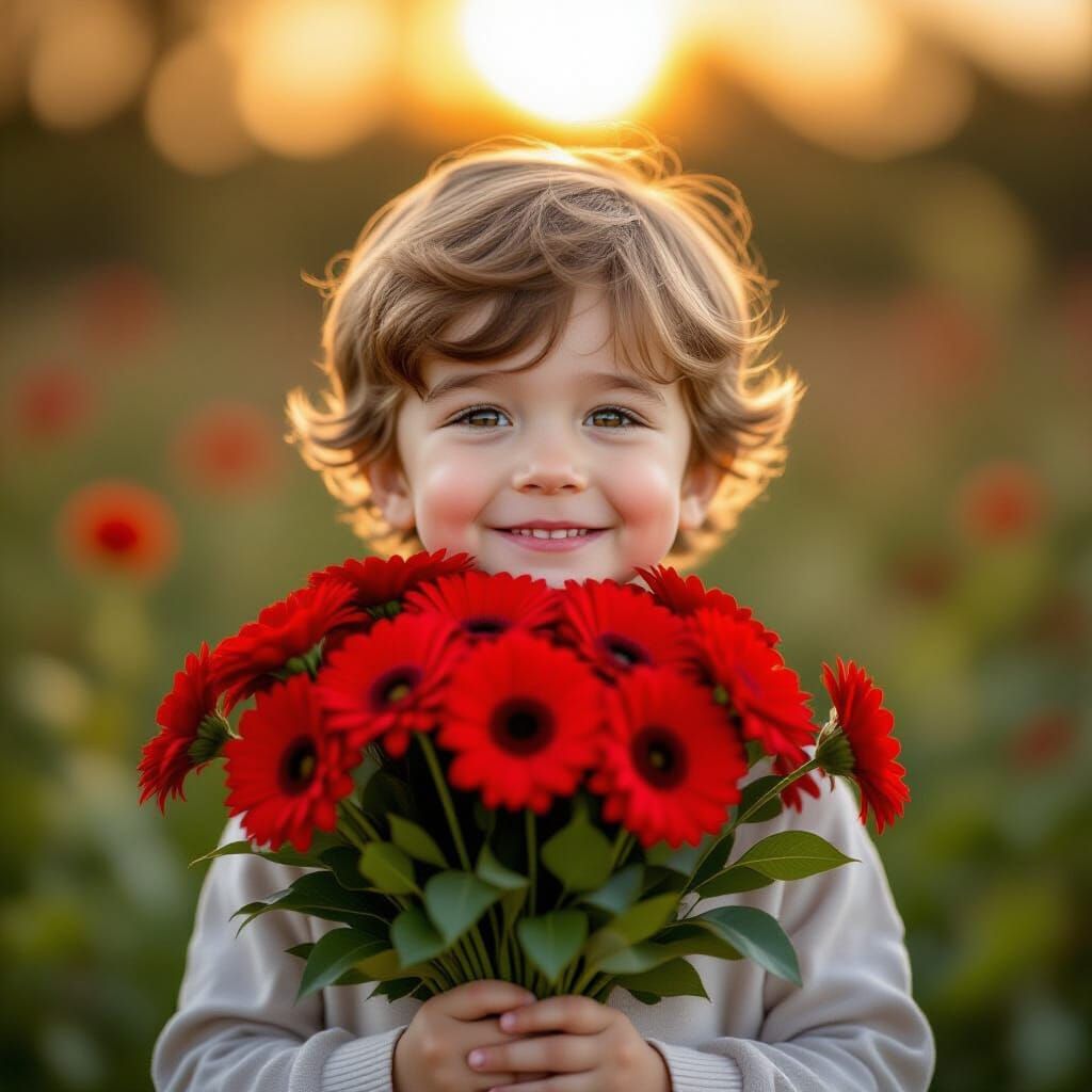 Handsome 4-Year-Old Boy with Red Flowers, Golden Hour