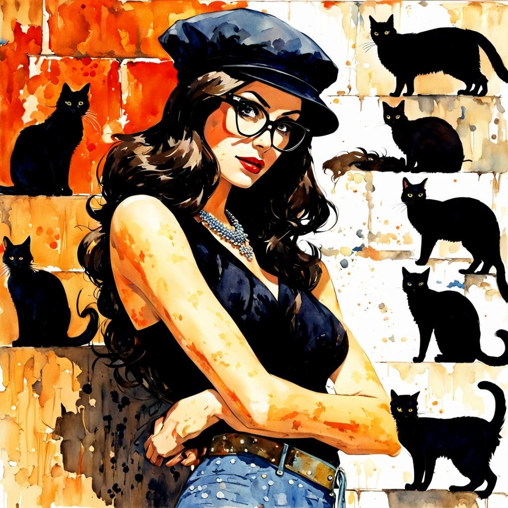 Beatnik Woman with Cats in Greenwich Village