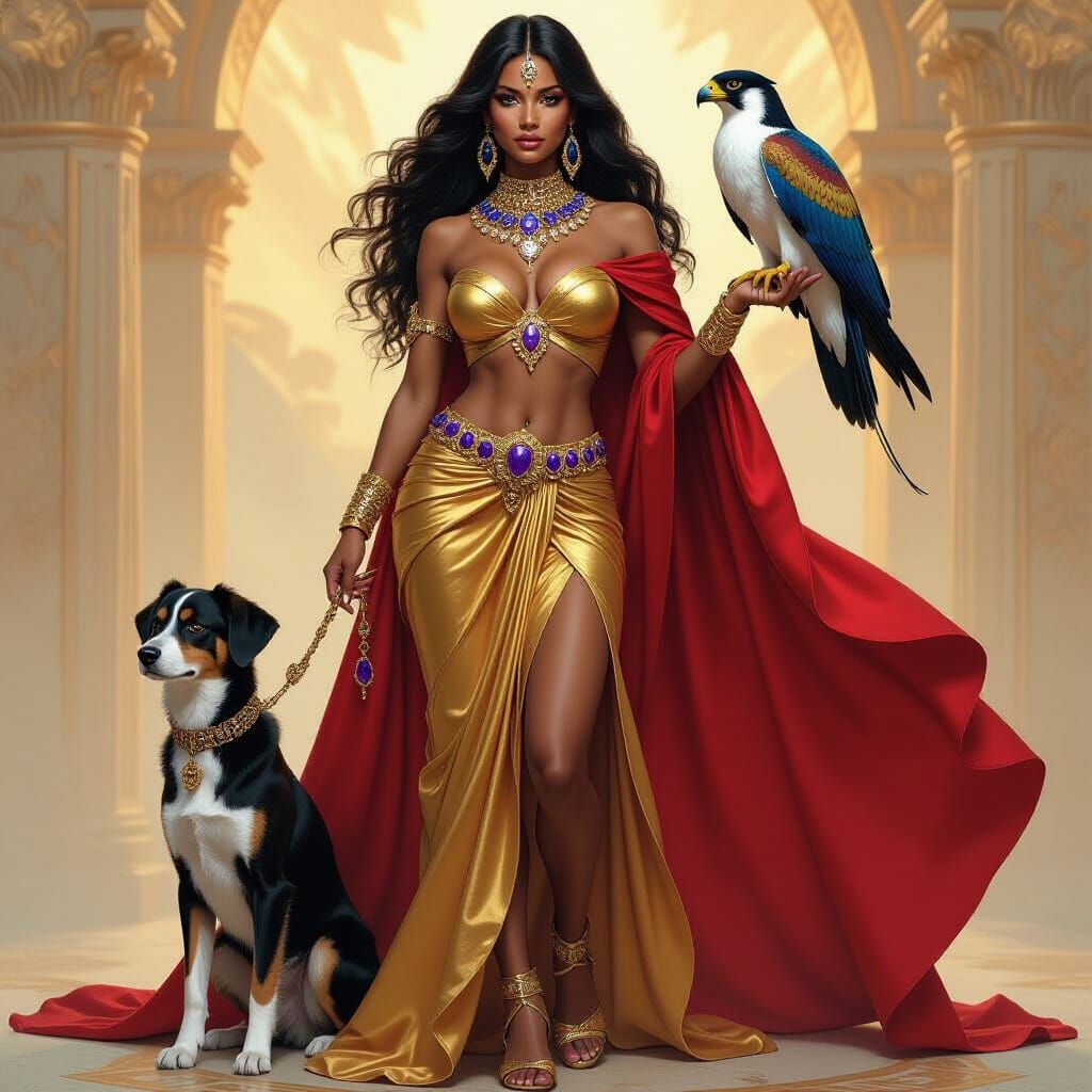 Elegant Dark Goddess with Falcon, in Fantasy Art Style