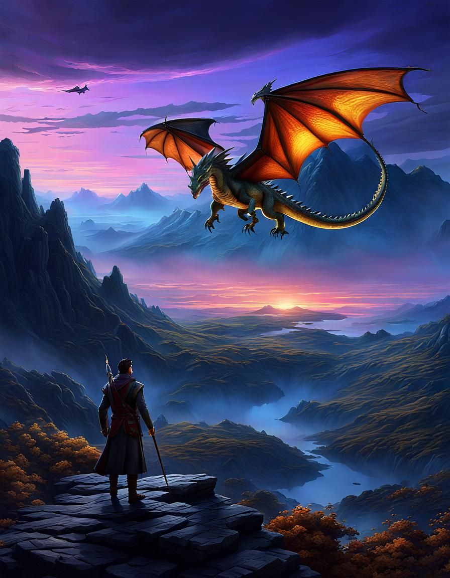 Man and Dragon Soaring in Twilight Sky