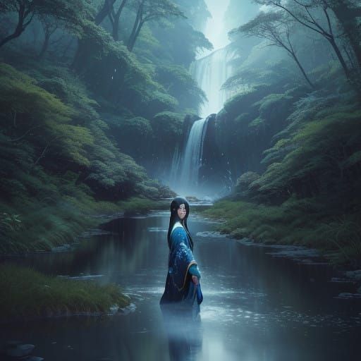 Vibrant Star Girl Bathers in Serene River Landscape