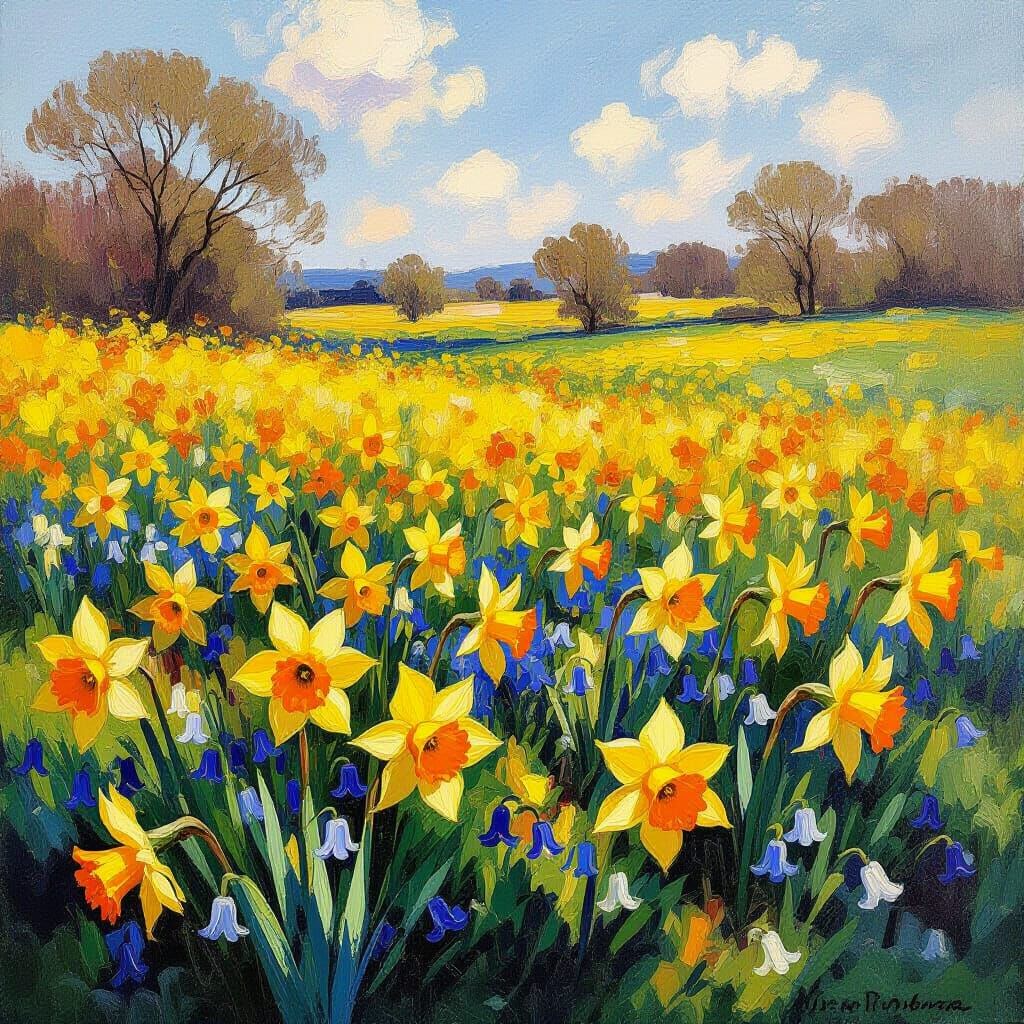 Vibrant Daffodils and Bluebells in Summer Afternoon Light