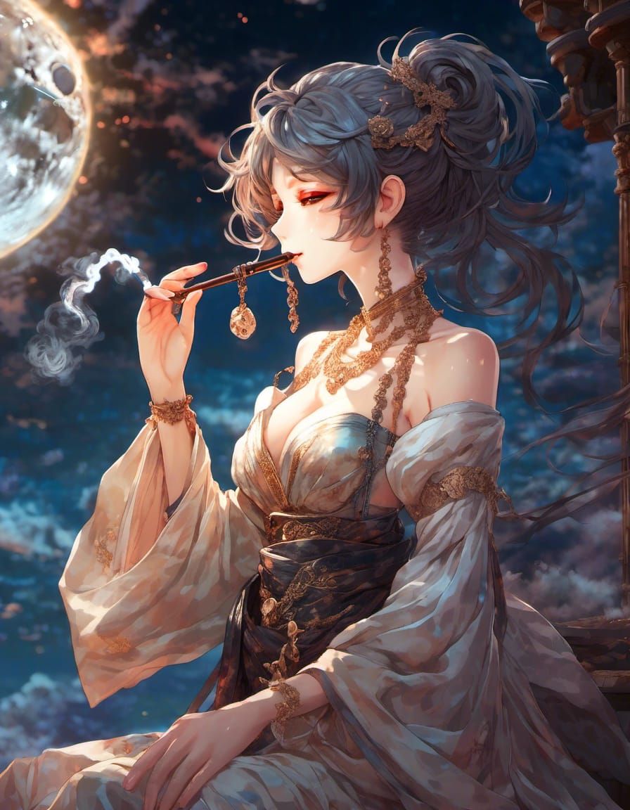 Sensuous Courtesan in Moonlit Bordello Anime Art