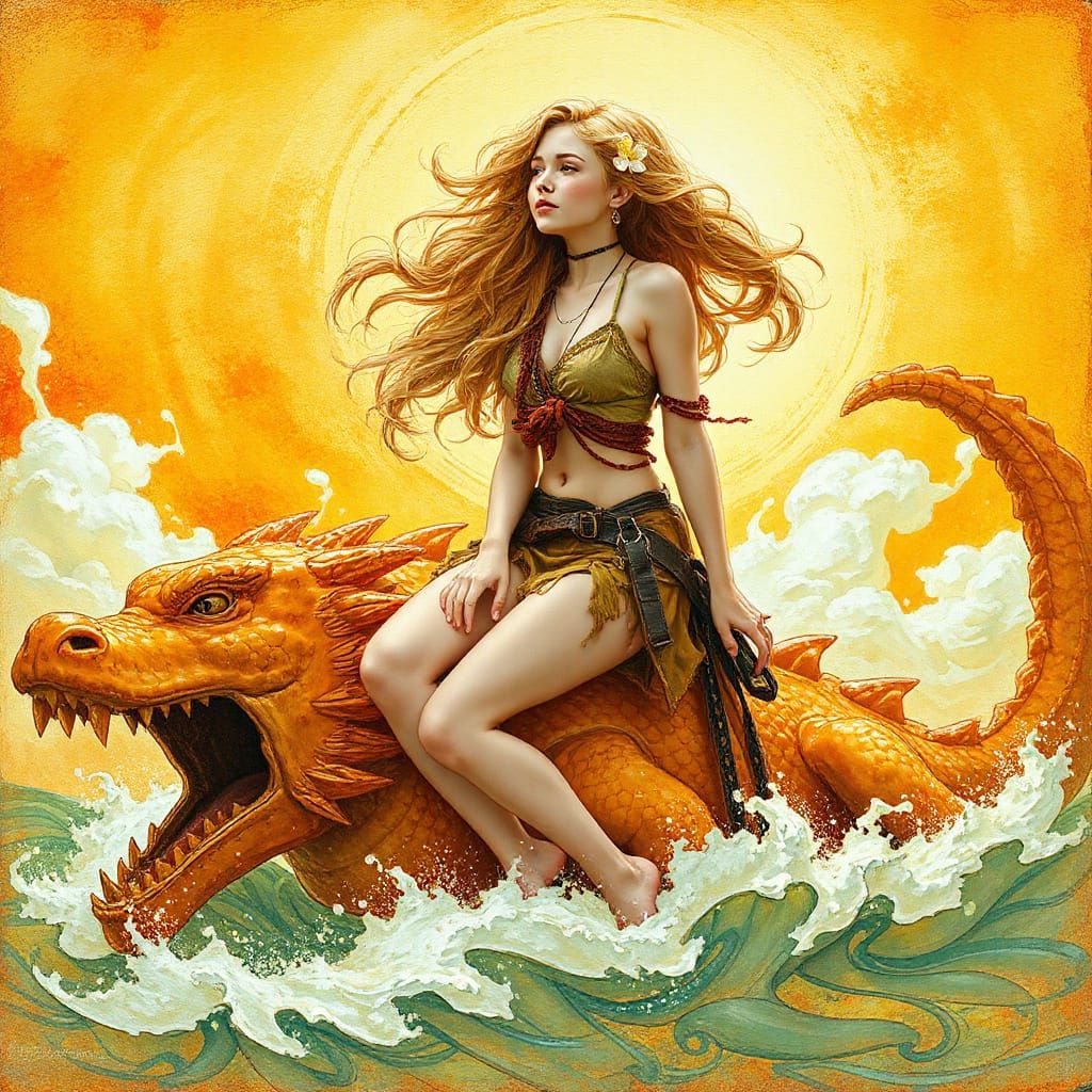 Bohemian Woman on Gummy Dragon in Soda Sea