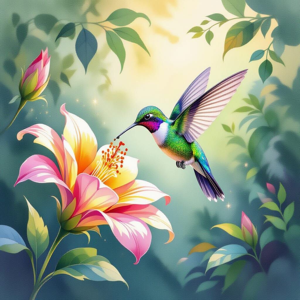 Dreamy Watercolor Hummingbird Sips Nectar from Fantastical F...