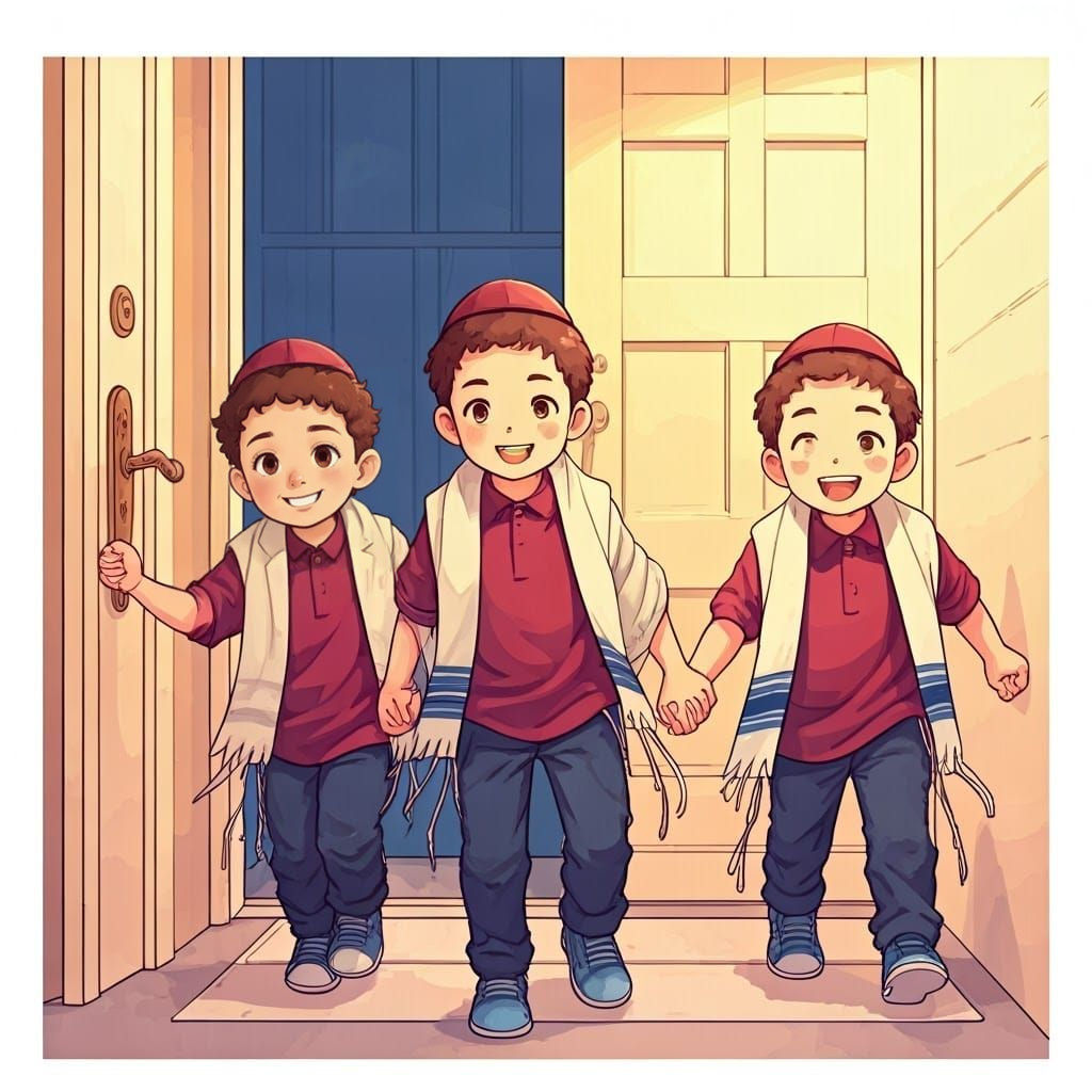 Three Happy Children Return Home in Traditional Hebrew Attir...