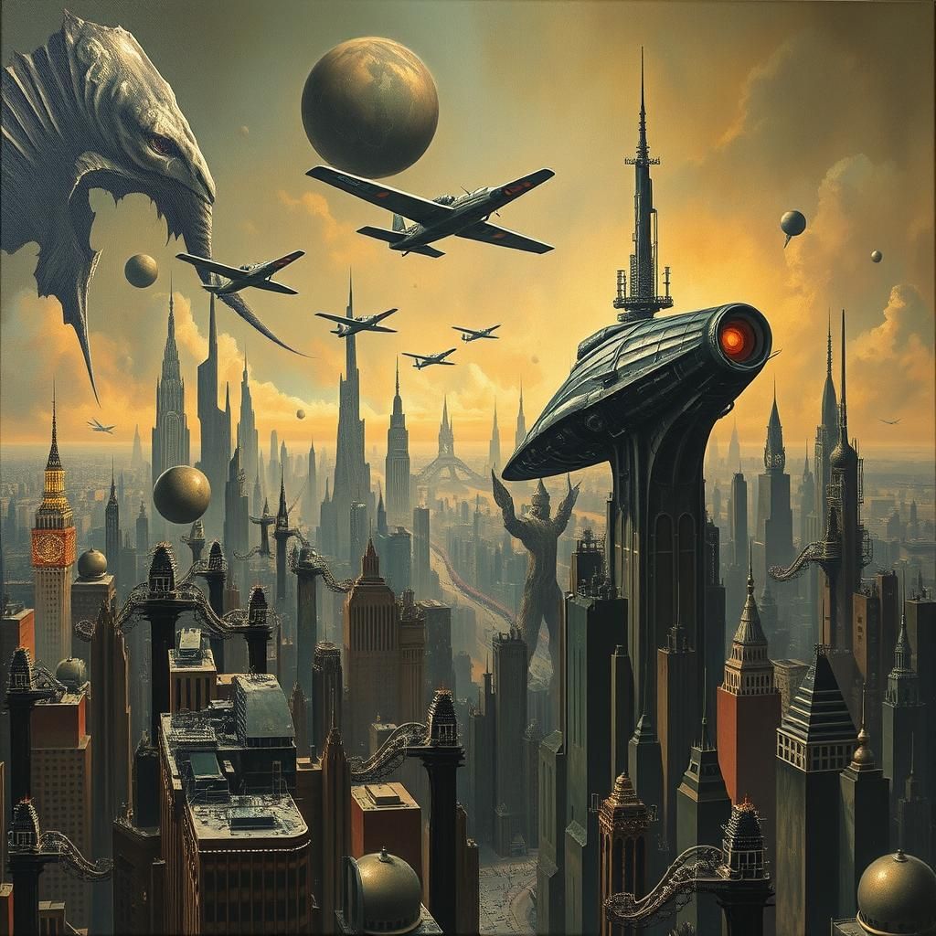 Dystopian Art Deco Metropolis with Impossible Aircraft