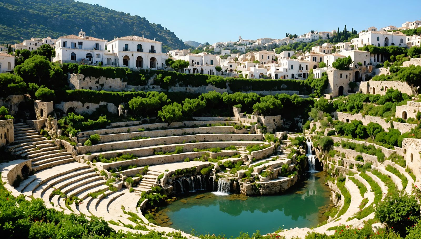 Greco-Roman Terraced Hillside with Vineyards and Waterfalls