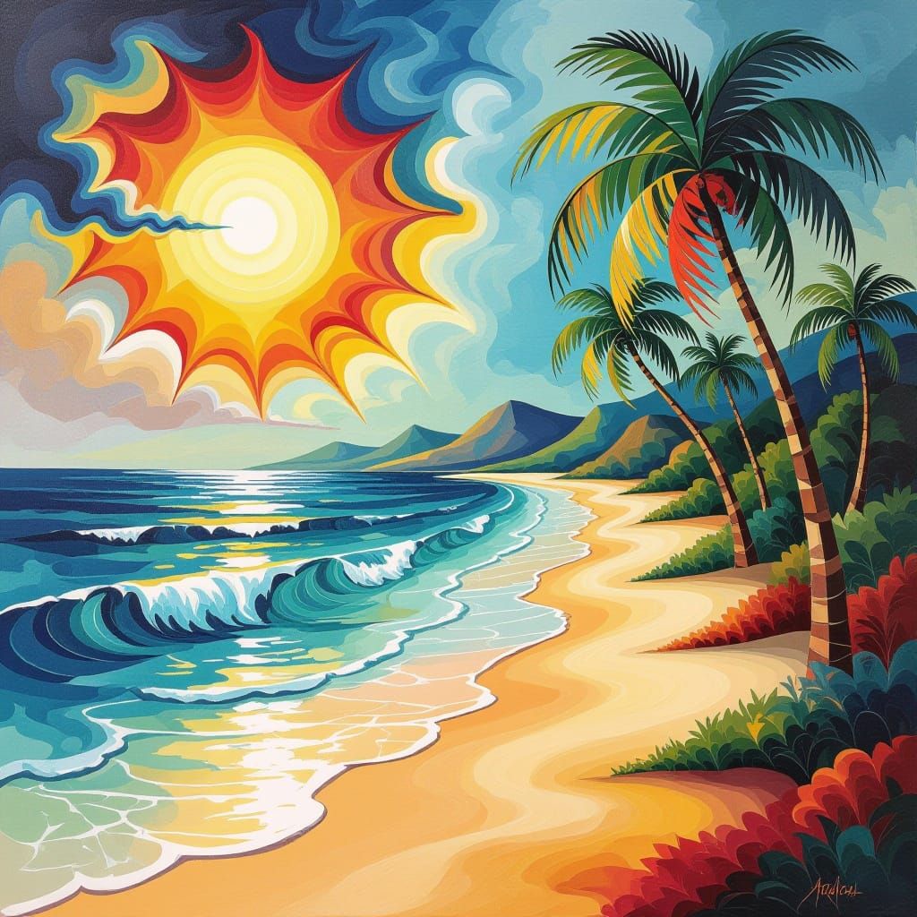 Vibrant Tropical Surrealism in Acrylic Abstract Painting