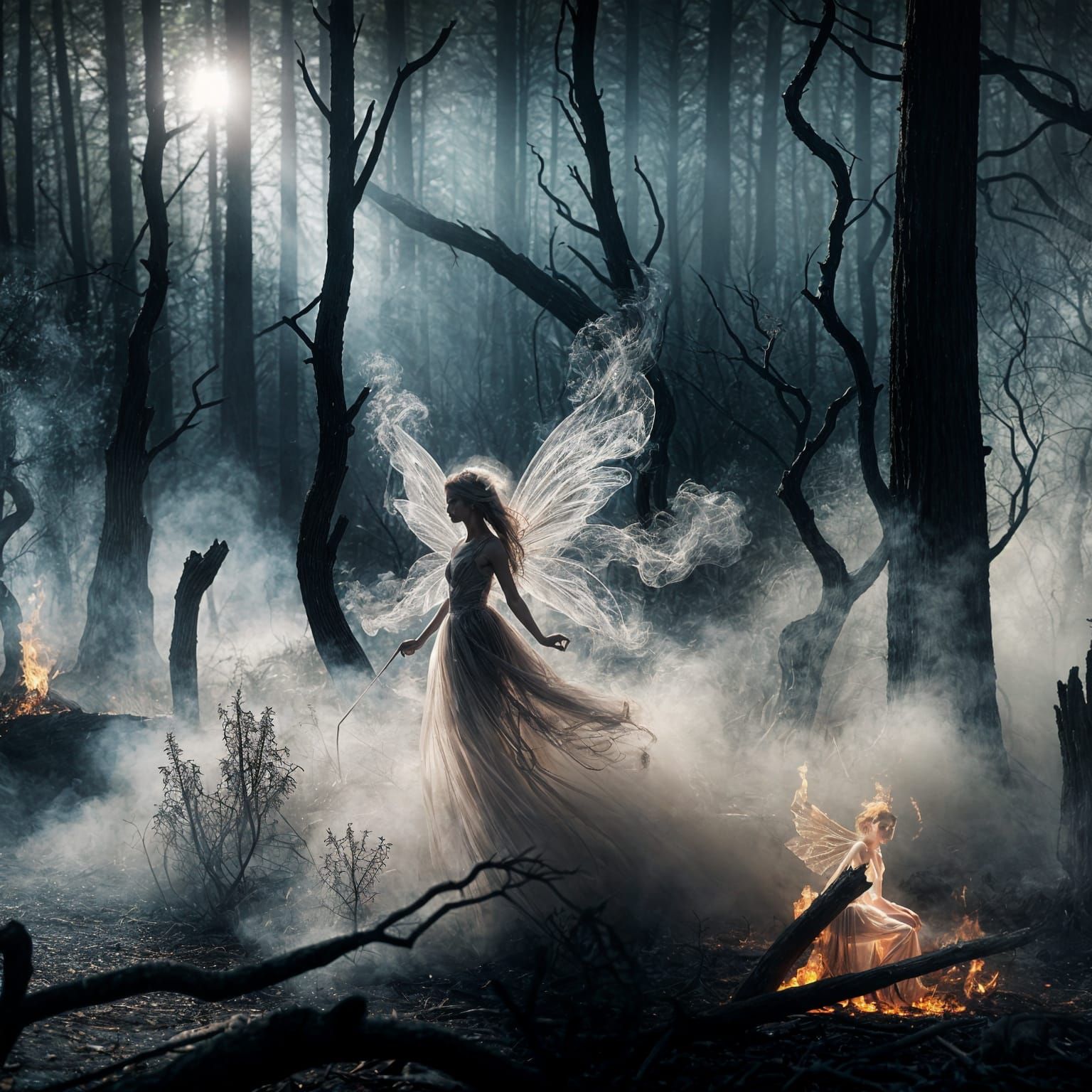 Ethereal Smoke Fairy in Charred Forest: Cinematic Realism