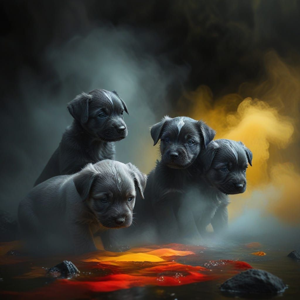 Whimsical Puppies in a Mystical River Scene