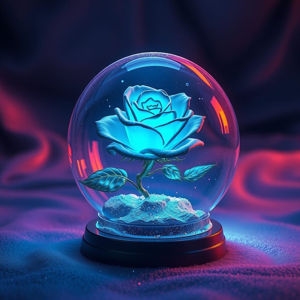 Bioluminescent Blue Rose in Snow Globe