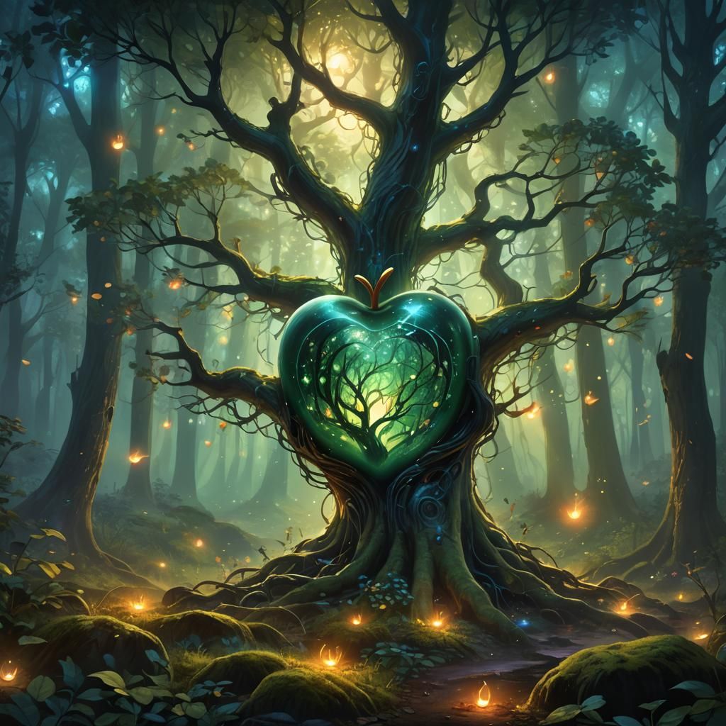 Glowing Apple Rises in Mystical Fantasy Forest