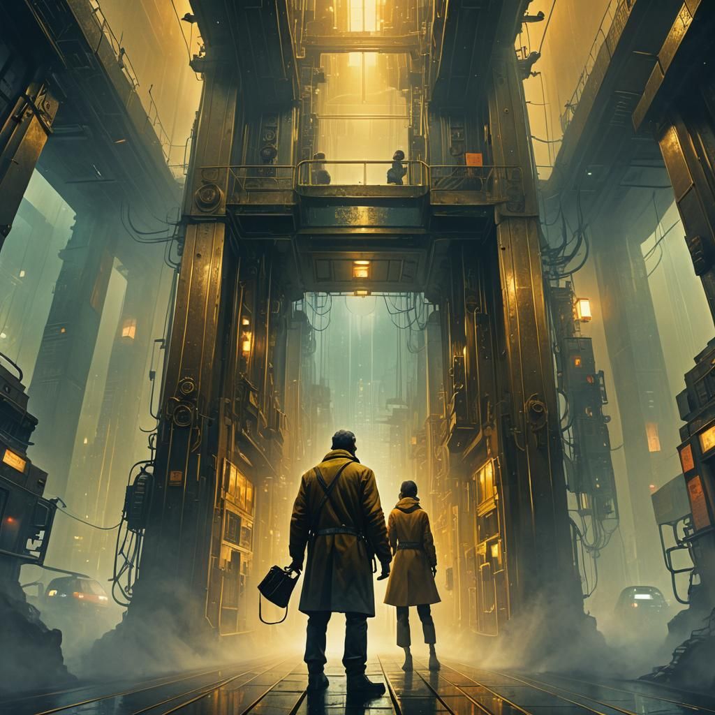 Elevator Operator Helps Passenger in Retro-Futuristic City