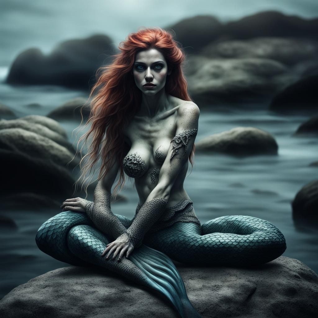 Evil Mermaid Sitting on Rock: Realistic Photograph