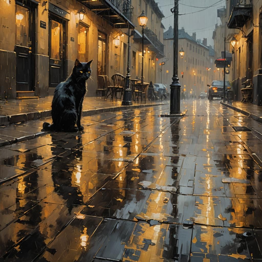 Black Cat Seeks Shelter in Rainy Impressionist Cityscape