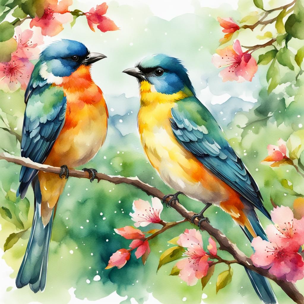 Vivid Birds on Branch: Watercolor Digital Illustration