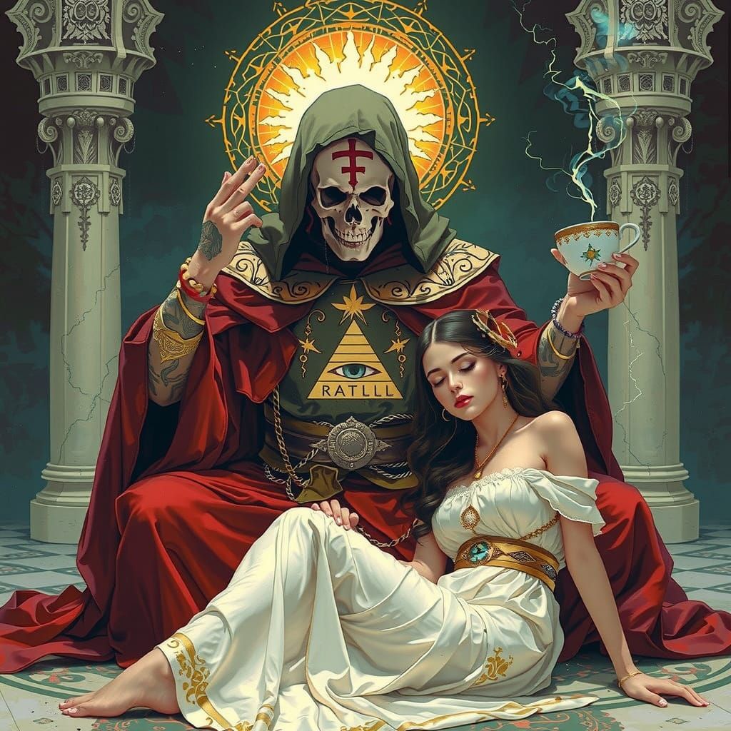 Monk Offers Elixir in Dark Fantasy Scene with Powell Peralta...