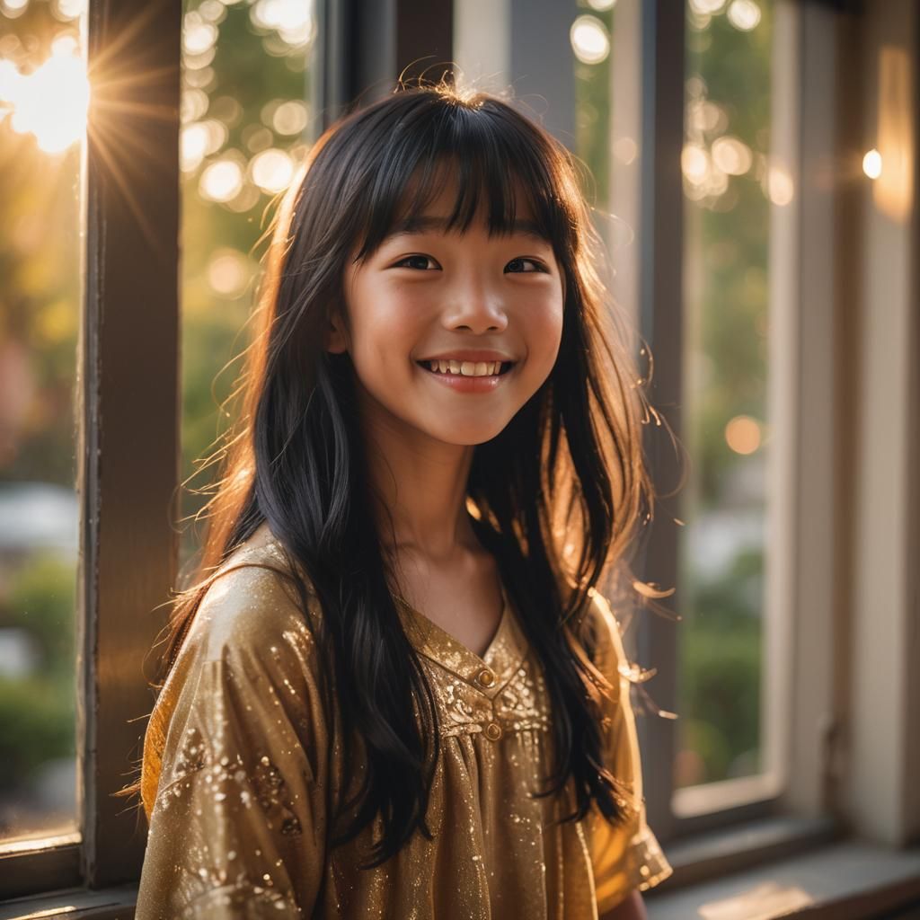 Golden Hour Portrait of Smiling Asian Girl