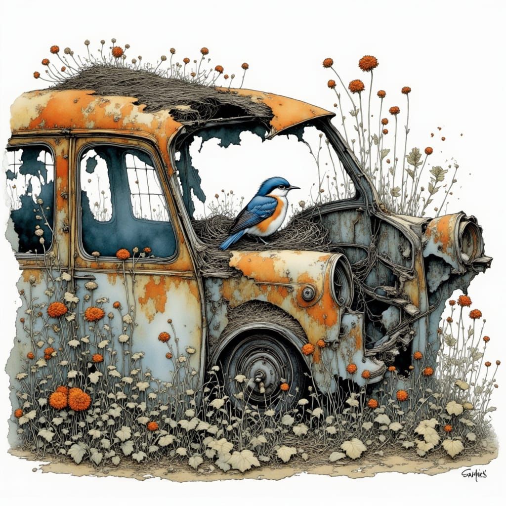 Bird's Nest in Rusted Car: Whimsical Urban Wildlife Scene