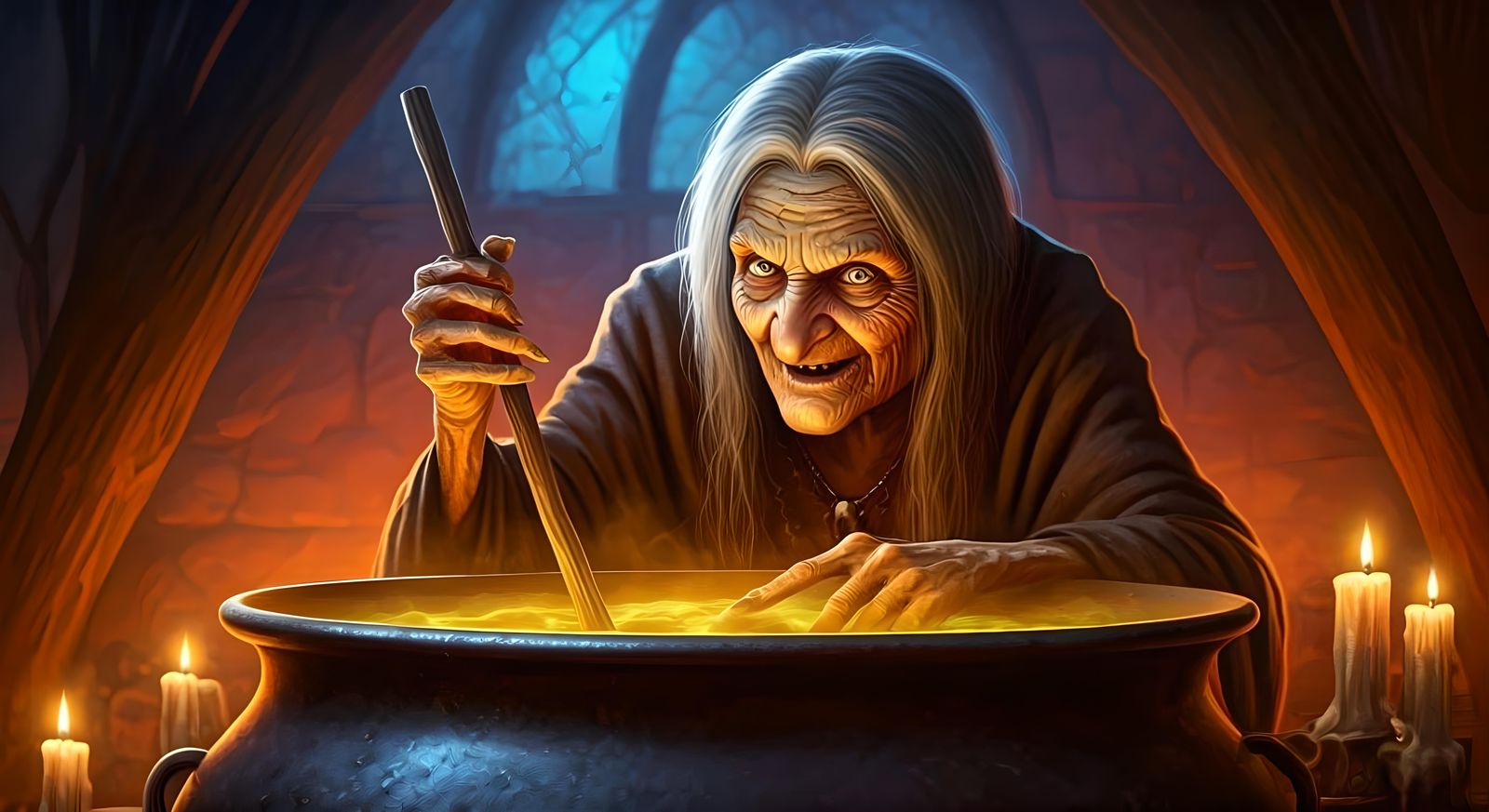 Hyperrealistic Witch Stirring Cauldron Splash Art