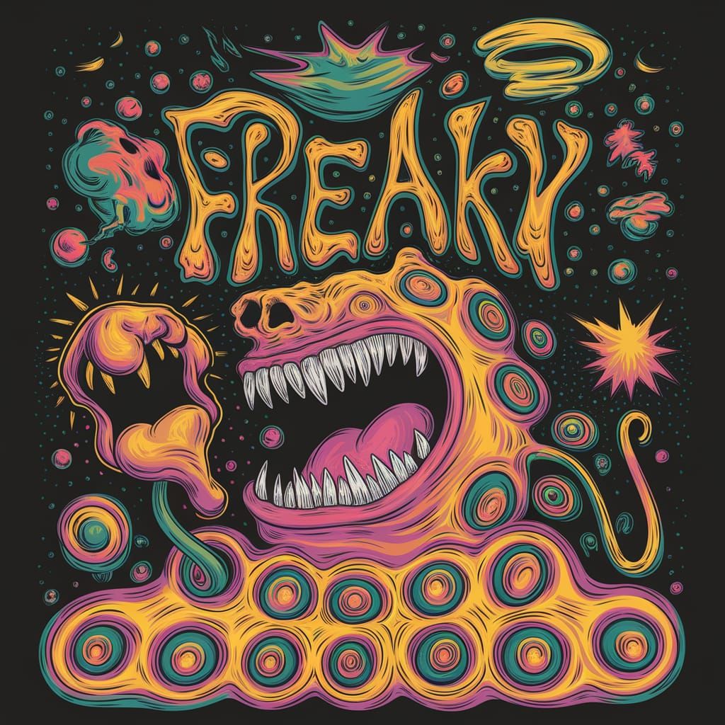 Text that says "FREAKY"  in a weird freaky squiggly font. Bo...