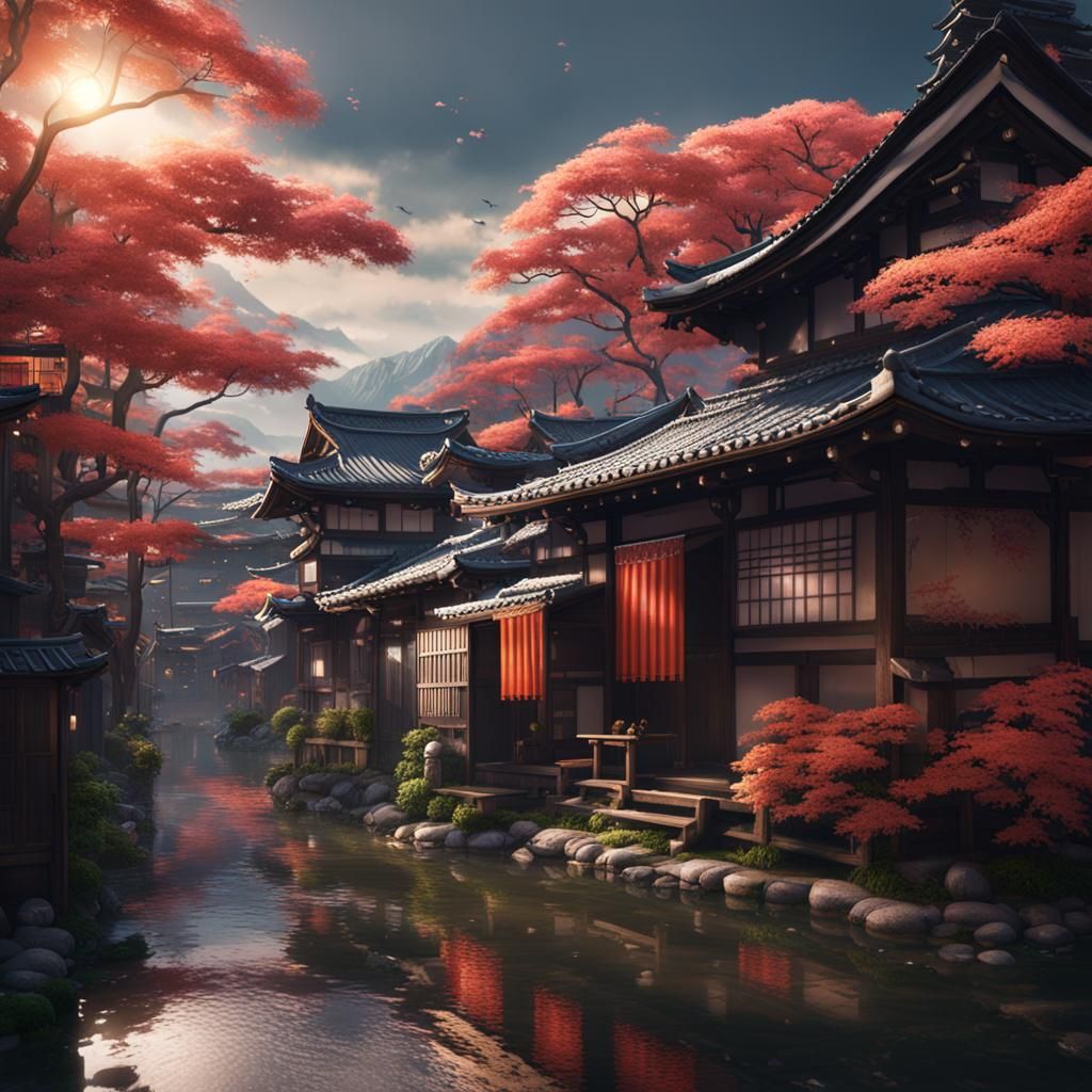 Quiet Japanese Neighborhood in Detailed Matte Painting