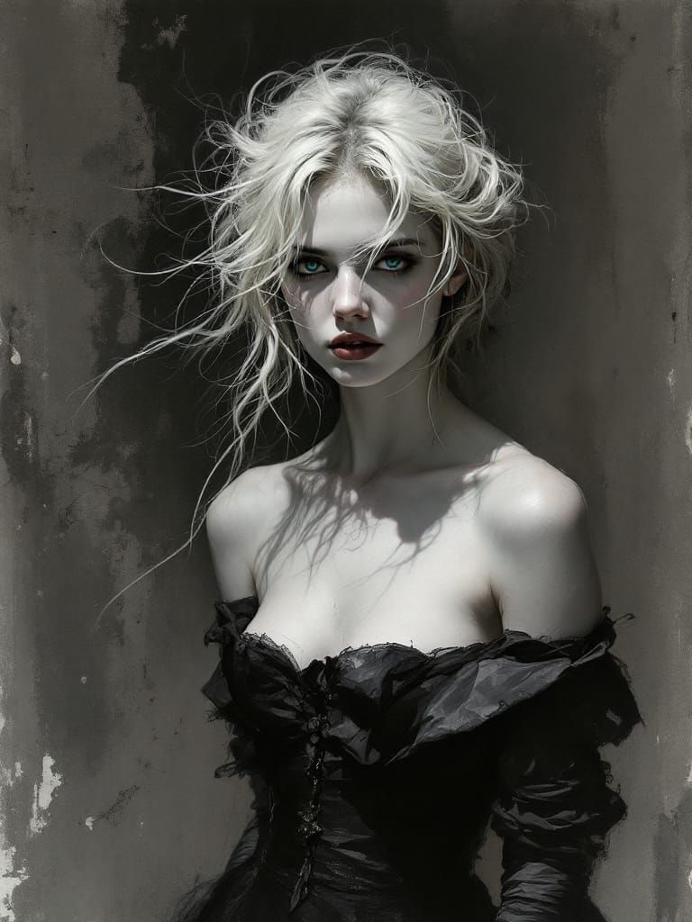 Gothic Pin-Up Woman in Monochrome with Teal Hair