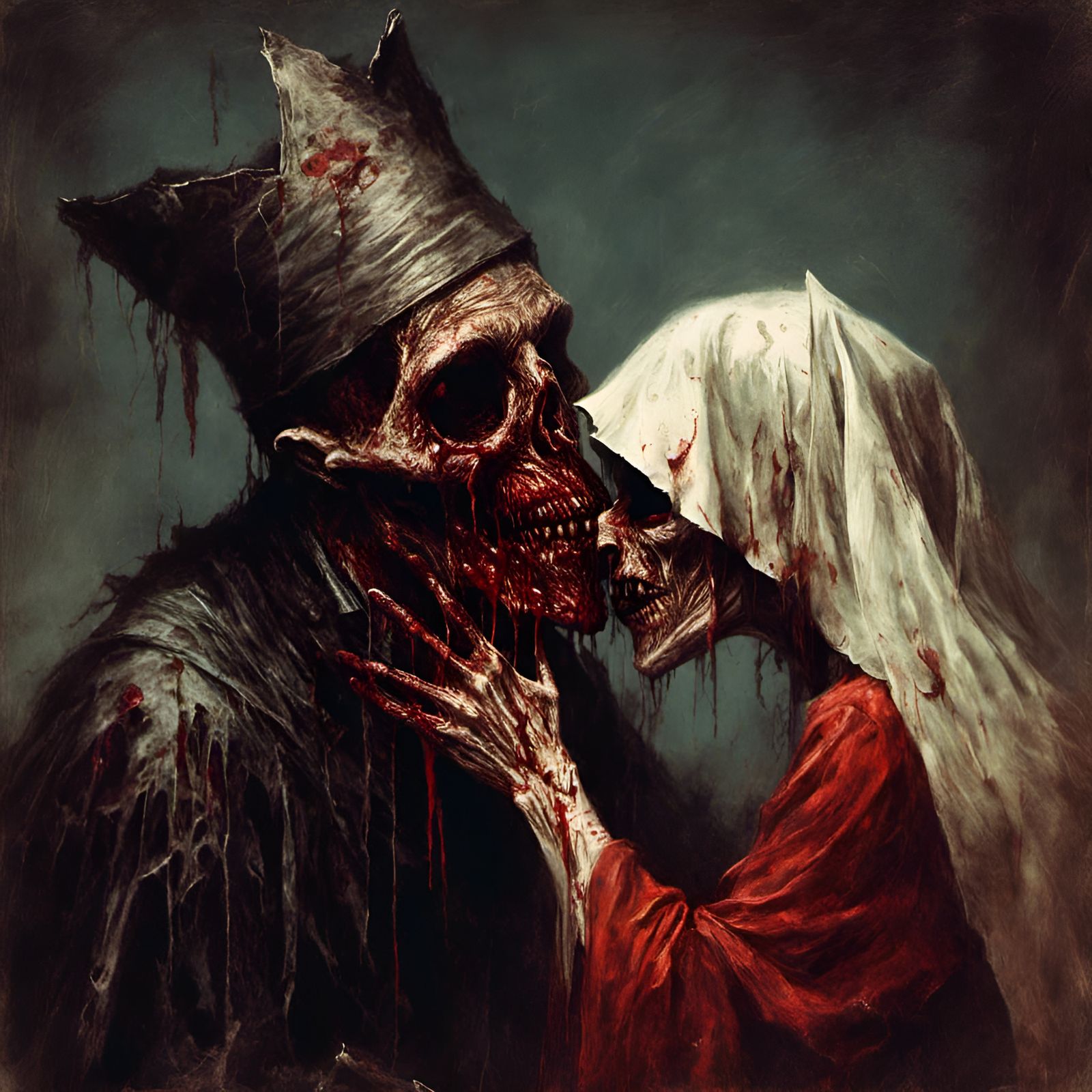 Creepy Zombie Pope Kiss in Macabre Horror Illustration