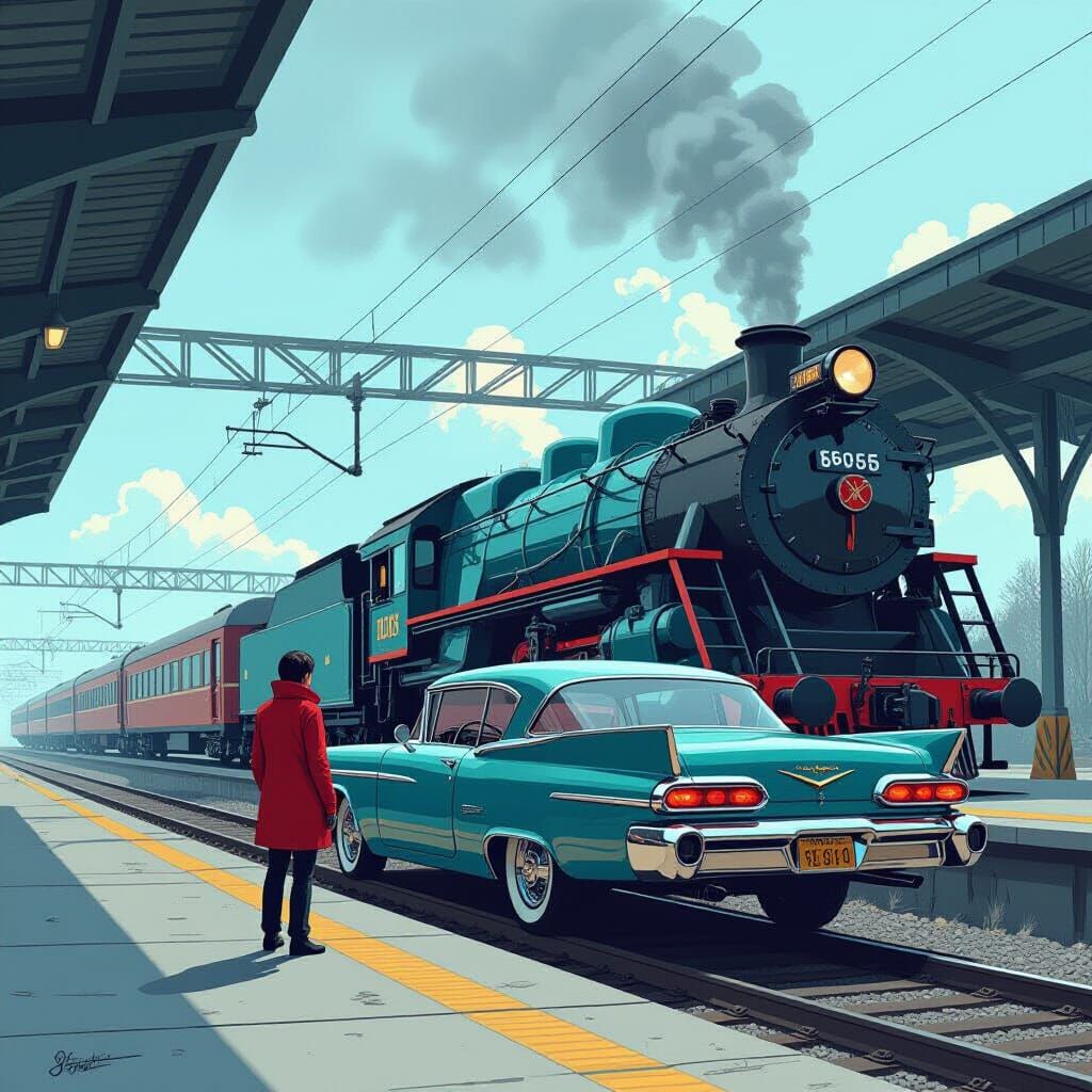 Vintage Car and Passing Train in Digital Art Style