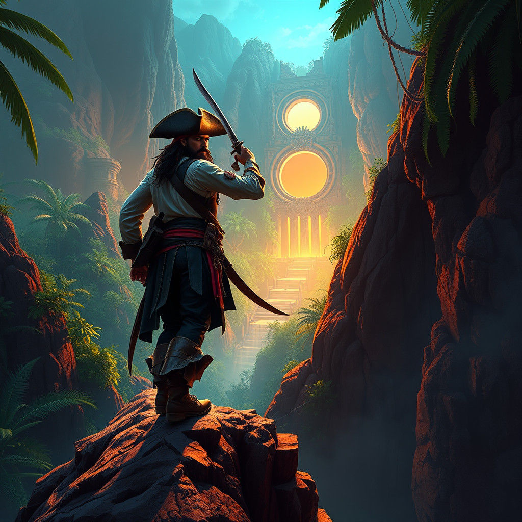 Caribbean Pirate Overlooking Jungle Portal, Matte Painting
