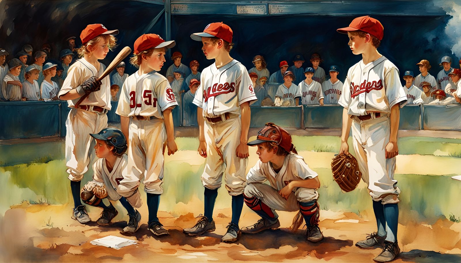 Little League Baseball Game in Loose Watercolor Style