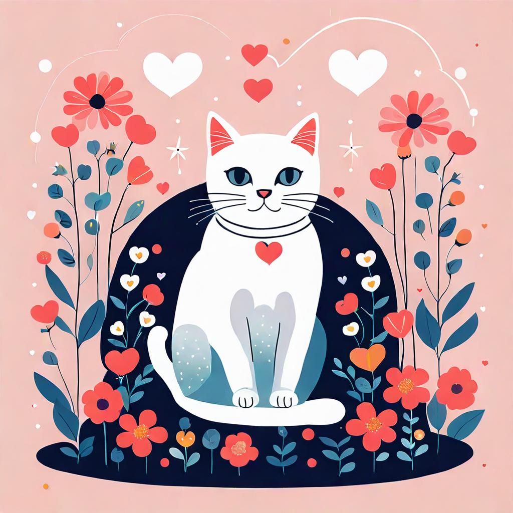 Cute Cat Surrounded by Flowers Illustration