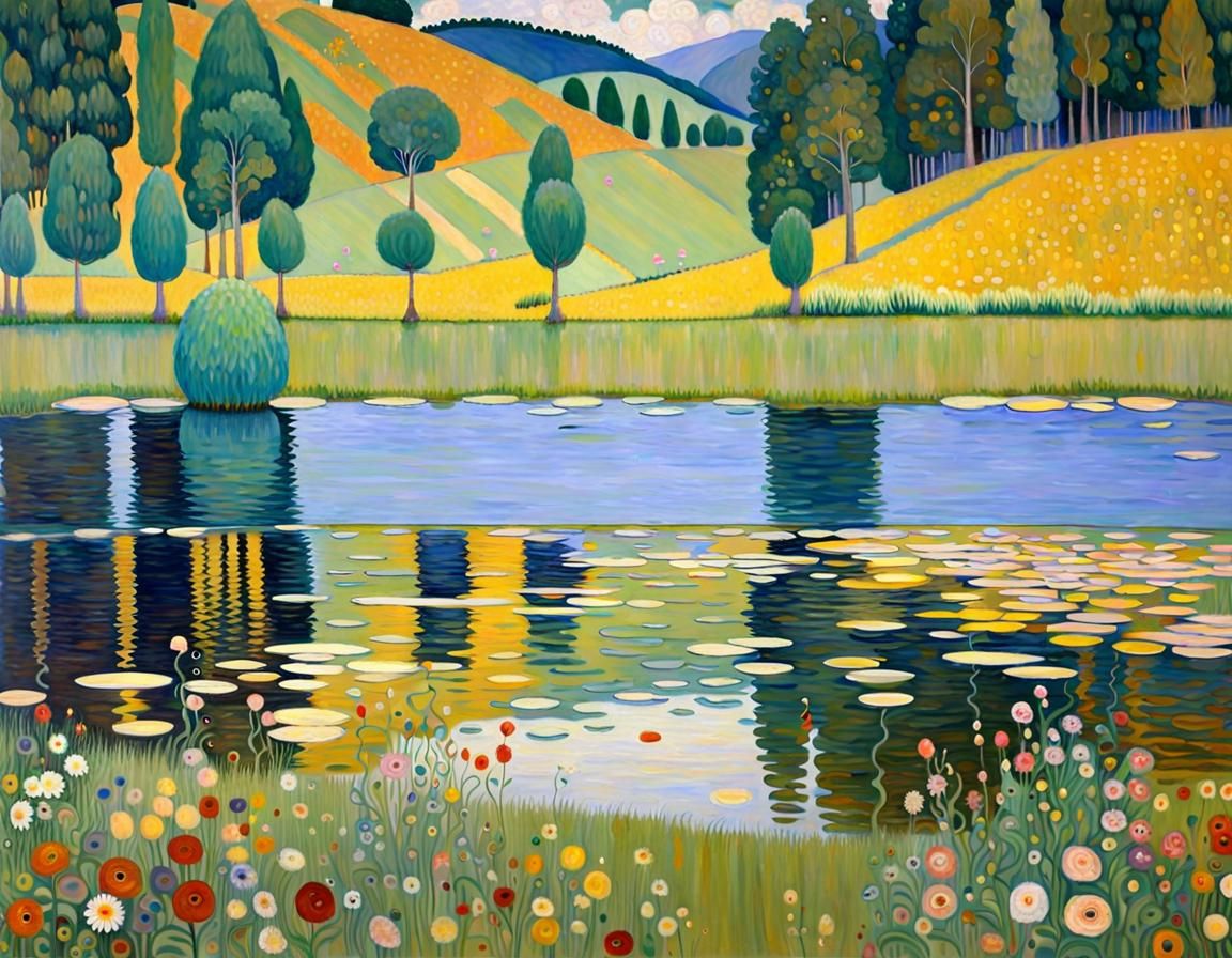 Lakeside Landscape Painting in Klimt Style